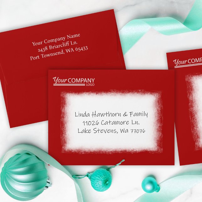 Red, White Company Business Address, Logo Envelope (red Christmas card envelope, red company holiday cards, with white business logo, address printed)