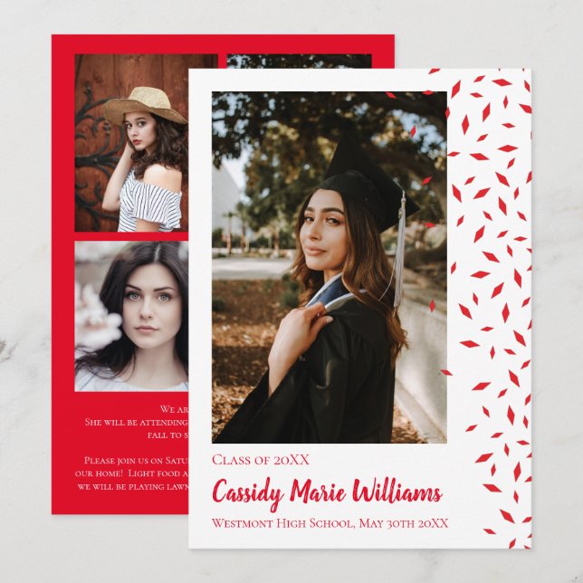 Red White Confetti Graduation Announcement (Front/Back)