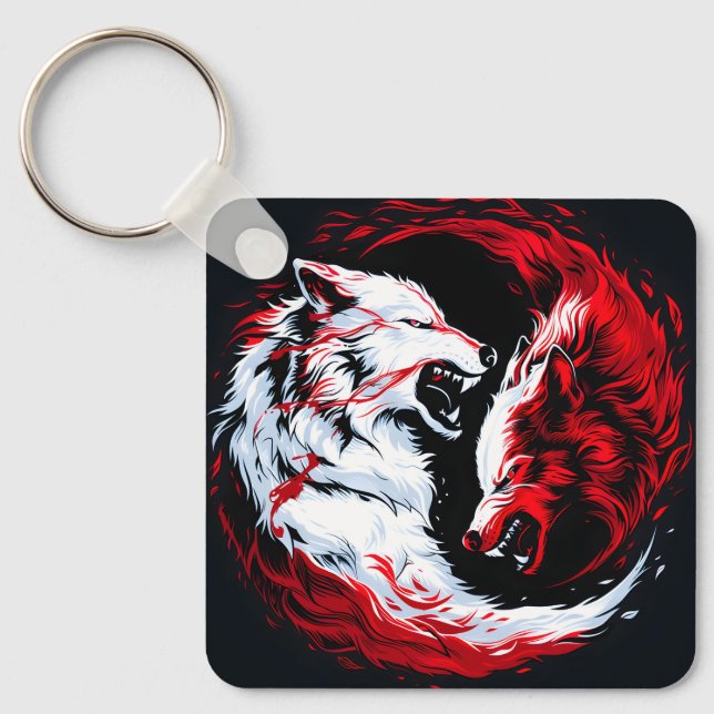 Red White Cosmic Wolf Warrior Key Ring (Front)