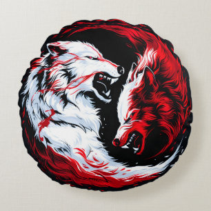 Red White Cosmic Wolf Warrior Round Cushion