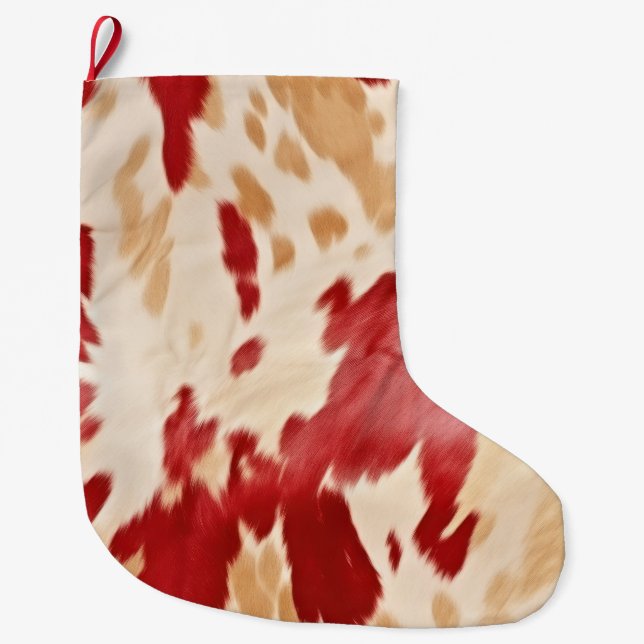 Red White Cream Western Cowhide Cowgirl Large Christmas Stocking (Front)