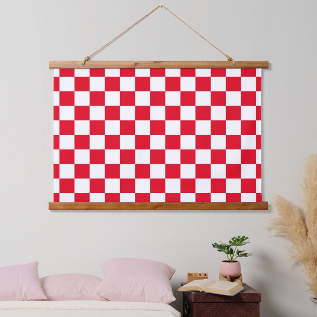 Red White Croatian Chequerboard Pattern Hanging Tapestry (Bedroom)