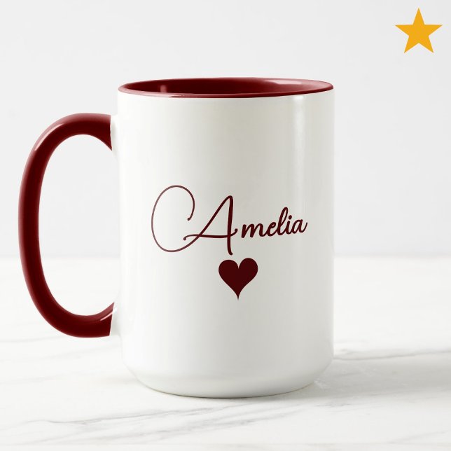 Red White Custom Name Cursive Typography Heart Mug (Creator Uploaded)