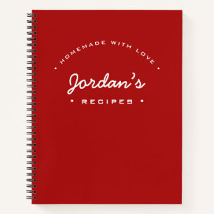 Red White Custom Name Homemade with Love Recipe Notebook