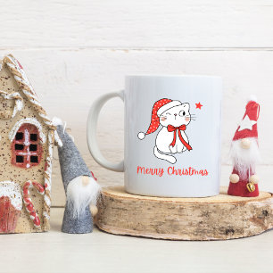 Red & White Cute Cat Custom Name Merry Christmas  Coffee Mug