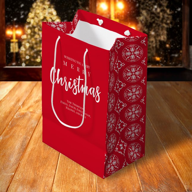 Red White Cute Merry Christmas Custom Medium Gift Bag (Merry Christmas snowflake pattern holiday gift bag
)