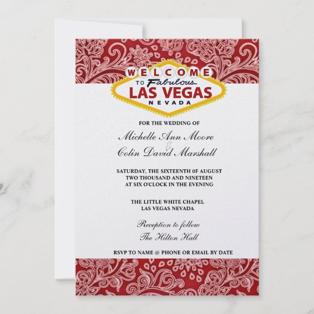 Red & White Damask Floral Las Vegas Wedding Invite (Front)