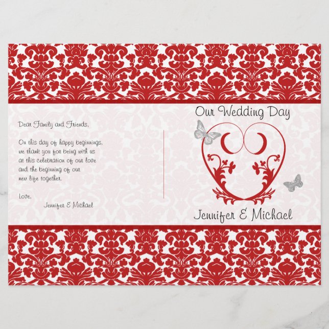 Red, White Damask Heart Butterfly Wedding Program (Front)