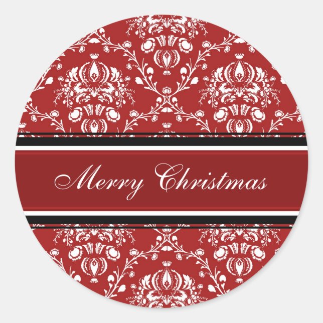 Red White Damask Merry Christmas Stickers (Front)
