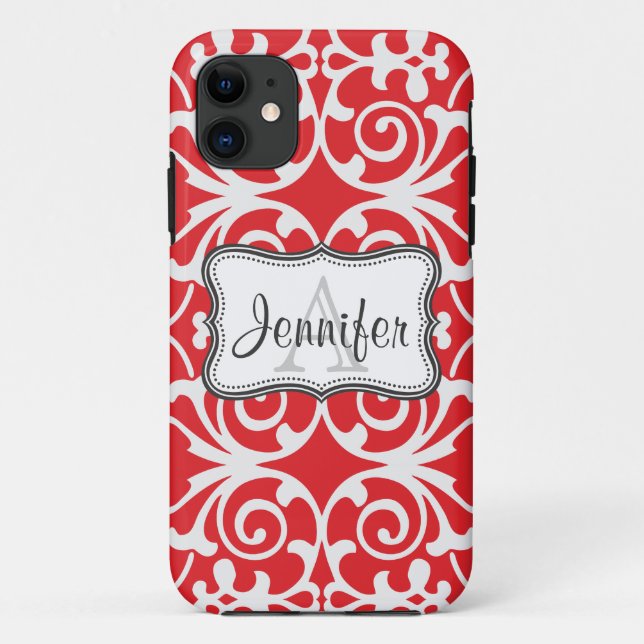 Red & White Damask Monogram iPhone 5 Case-Mate iPhone Case (Back)
