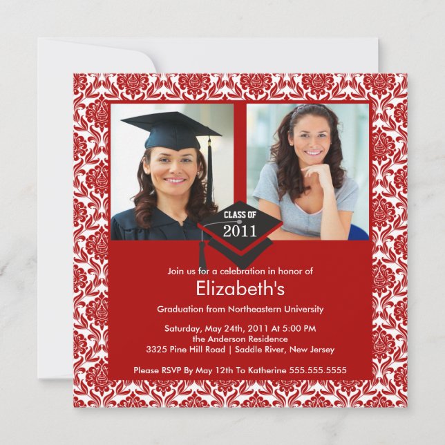 Red & White Damask Photo Graduation Invitation (Front)