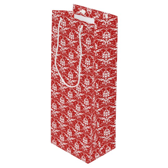 Red & White Damask Print Wine Gift Bag (Front Angled)