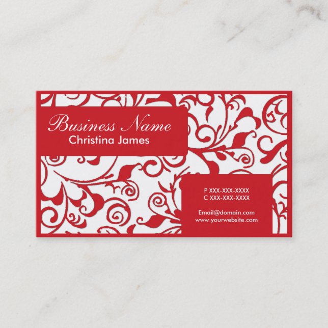 Red white damask professional business cards (Front)