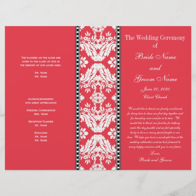 Red White Damask Wedding Program (Front)