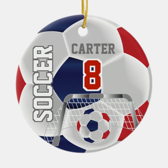 Red, White & Dark Blue Personalise Soccer  ⚽ Ball Ceramic Tree Decoration (Front)