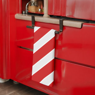 Red White Diagonal Stripes Tea Towel