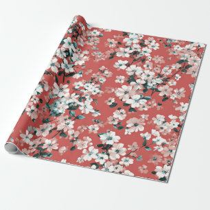 Red White Ditsy Flower Pastel Boho 70s Vintage Wrapping Paper