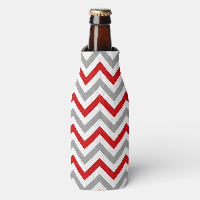 Red, White, Dk Grey Large Chevron ZigZag Pattern Bottle Cooler (Bottle Front)