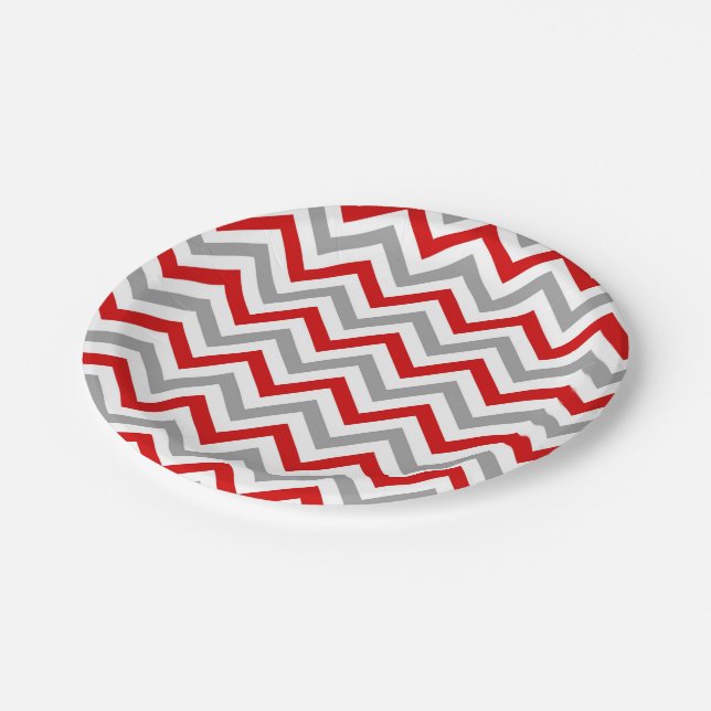 Red, White, Dk Grey Large Chevron ZigZag Pattern Paper Plate (Angled)