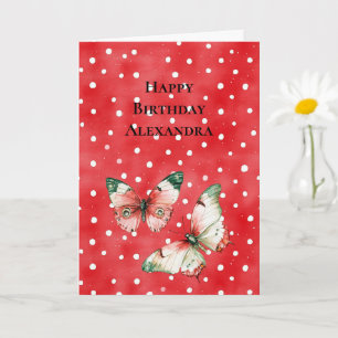 Red White Dots Red Green Butterflies Birthday Card