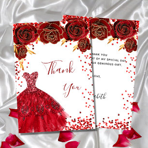 Red white dress floral glamourous birthday thank you card