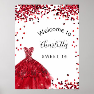 Red white dress Sweet 16 Party welcome  Poster