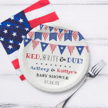 Red, White & Due! 4th Of July Baby Shower Paper Plate<br><div class="desc">Celebrate in style with these trendy 4th of July baby shower paper plates. The design is easy to personalise with your own wording and your family and friends will be thrilled when they see these fabulous party plates. Matching items can be found in the collection.</div>
