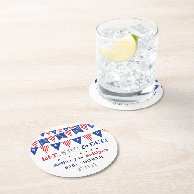 Red, White & Due! 4th Of July Baby Shower Round Paper Coaster (Insitu)