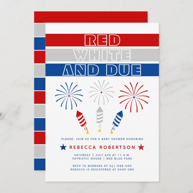 Red White Due 4th of July firecrackers baby shower Invitation (Front/Back)