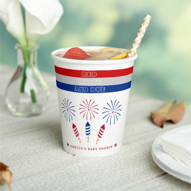 Red White Due 4th of July firecrackers baby shower Paper Cups (Insitu)