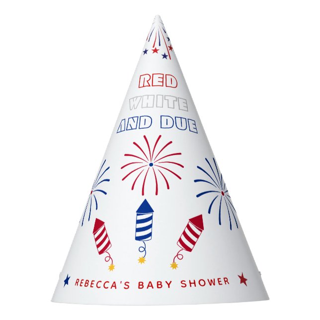 Red White Due 4th of July firecrackers baby shower Party Hat (Front)