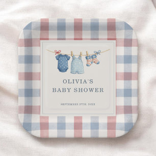 Red White Due Gingham Baby Shower Party Paper Plate