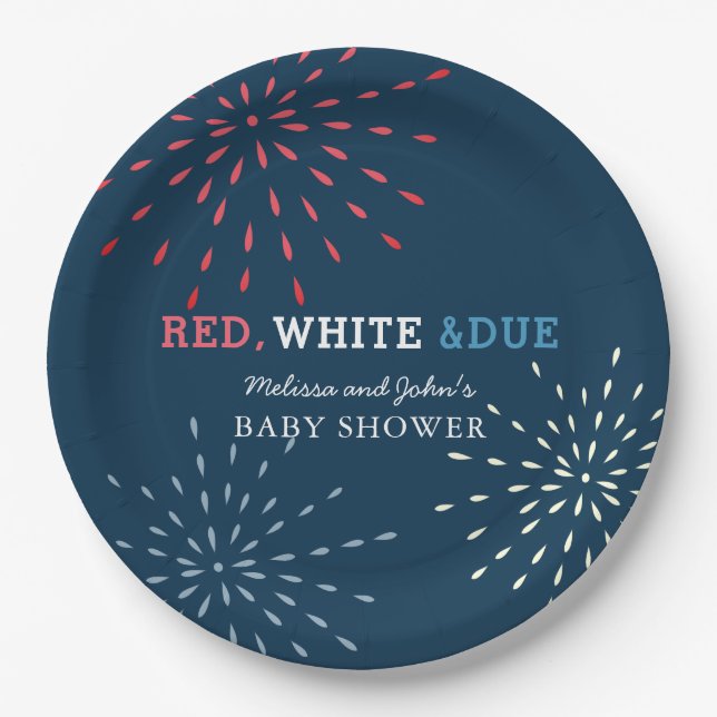 Red, White & Due July 4th Fireworks Baby Shower Paper Plate (Front)
