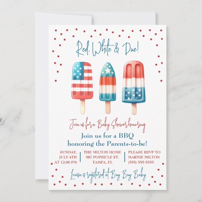 Red, White & Due!  Patriotic Popsicle Baby Shower Invitation (Front)