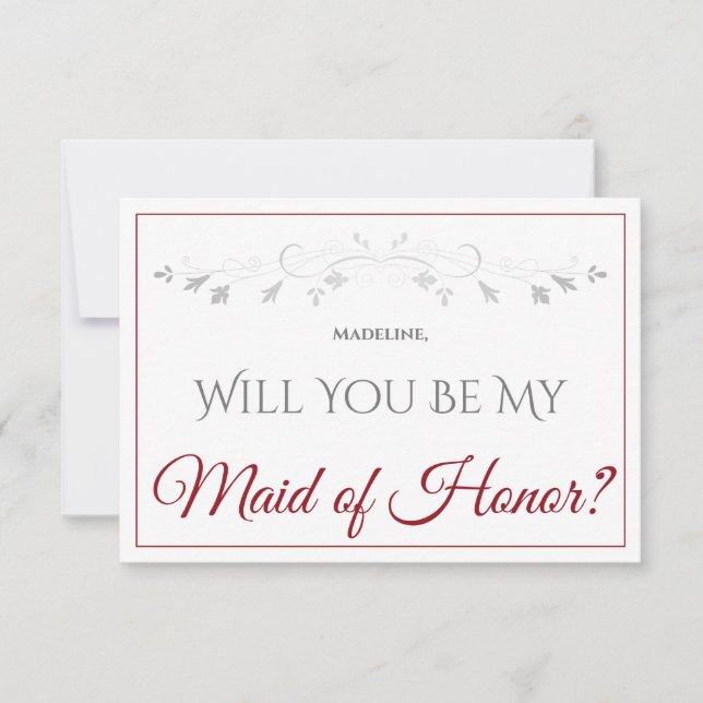 Red & White Elegant Be My Maid of Honour Card (Front)