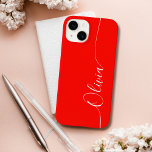 Red White Elegant Calligraphy Script Name Case-Mate iPhone 14 Case<br><div class="desc">Red White Elegant Calligraphy Script Custom Personalised Name iPhone 14 Smart Phone Cases features a modern and trendy simple and stylish design with your personalised name in elegant hand written calligraphy script typography on a red background. Designed by ©Evco Studio www.zazzle.com/store/evcostudio</div>
