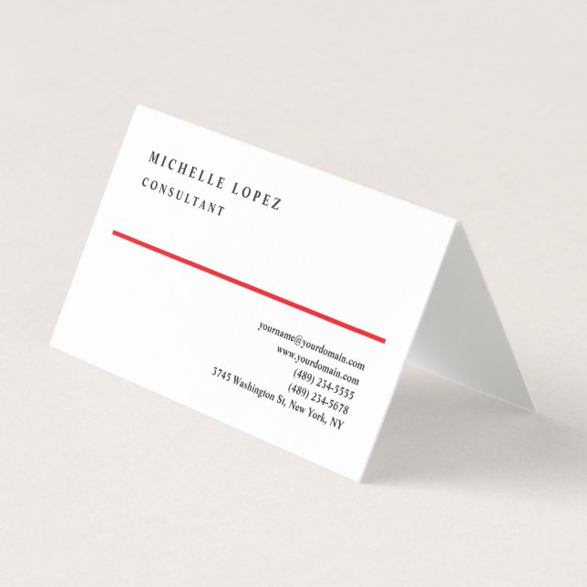 Red White Elegant Plain Professional Linen Business Card (Front)