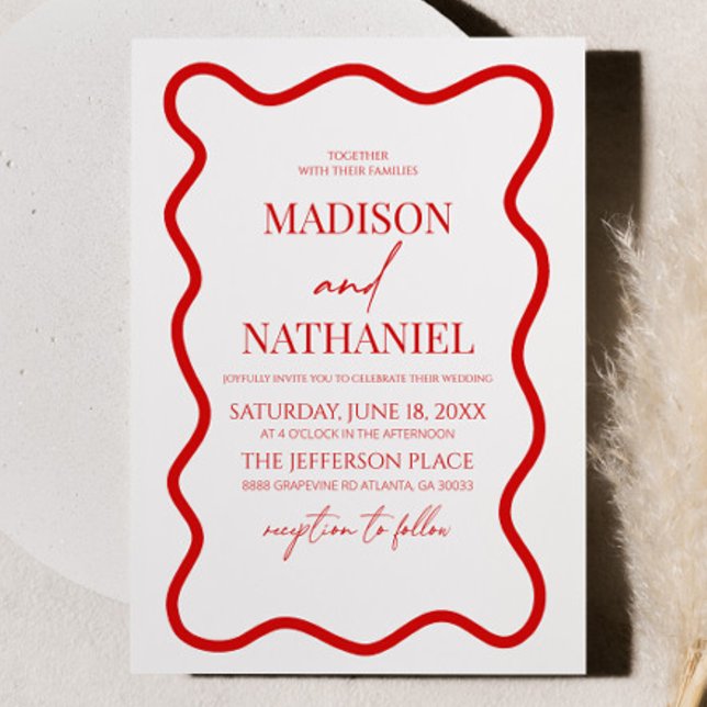Red White Elegant Wavy Border Wedding Invitation (Creator Uploaded)