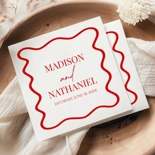 Red White Elegant Wavy Border Wedding Napkin