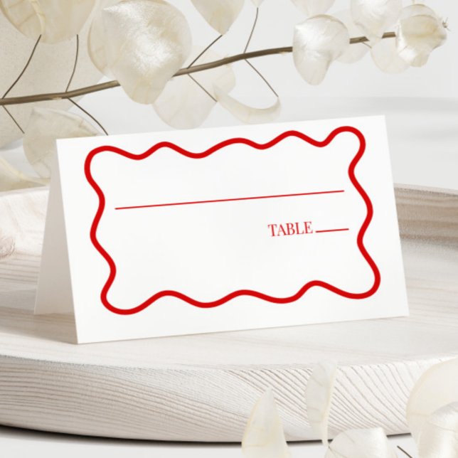 Red White Elegant Wavy Border Wedding Place Card (Creator Uploaded)