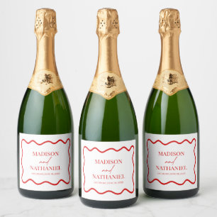 Red White Elegant Wavy Border Wedding Sparkling Wine Label