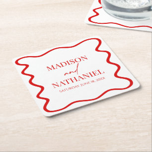 Red White Elegant Wavy Border Wedding Square Paper Coaster