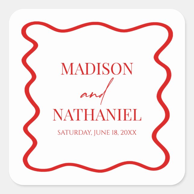 Red White Elegant Wavy Border Wedding Square Sticker (Front)