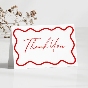 Red White Elegant Wavy Border Wedding Thank You Card