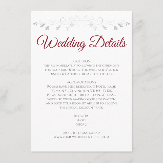 Red & White Elegant Wedding Details Enclosure Card (Front)