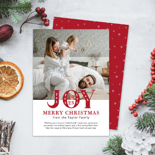 Red & White Family Photo Modern JOY Christmas Holiday Card