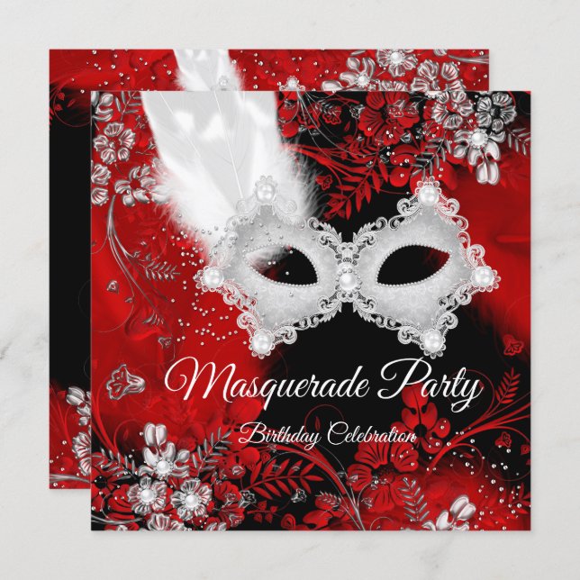 Red White Feathers Mask Masquerade Birthday Party Invitation (Front/Back)
