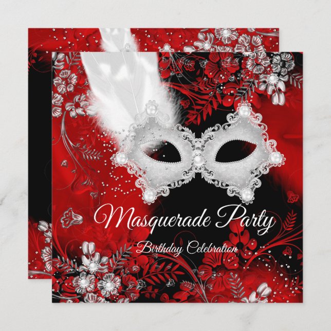 Red White Feathers Mask Masquerade Birthday Party Invitation (Front/Back)