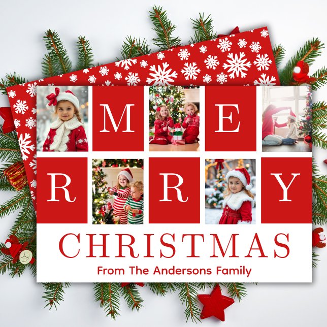 Red & White Festive Merry Christmas Five Photos Holiday Card (Red & White Festive Merry Christmas Five Photos Holiday Card)