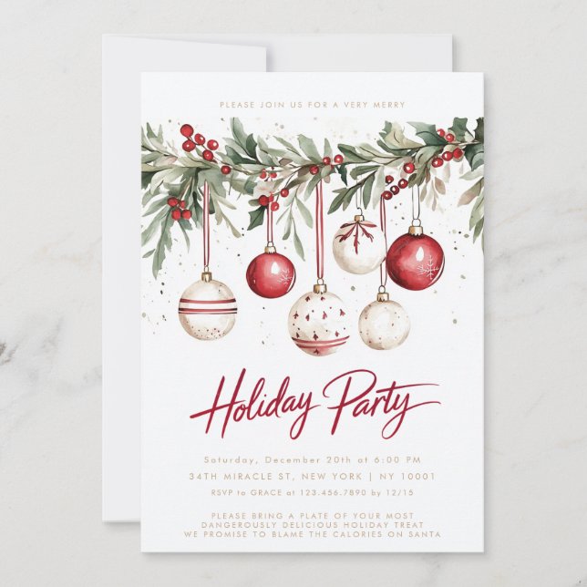 Red White Festive Ornaments Baubles Holiday Party Invitation (Front)